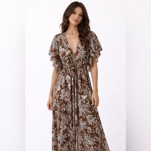 Express Brown and White Floral Kimono